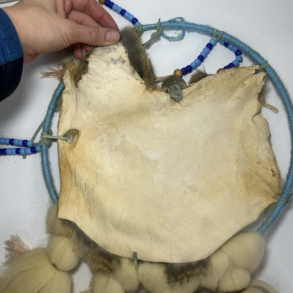 Vintage Native American Mandala Dream Catcher Fur Wool Feathers Beaded - Picture 5 of 6